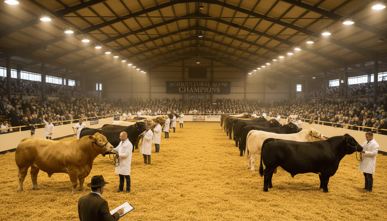 Cattle at an agricultural show in an indoor arena