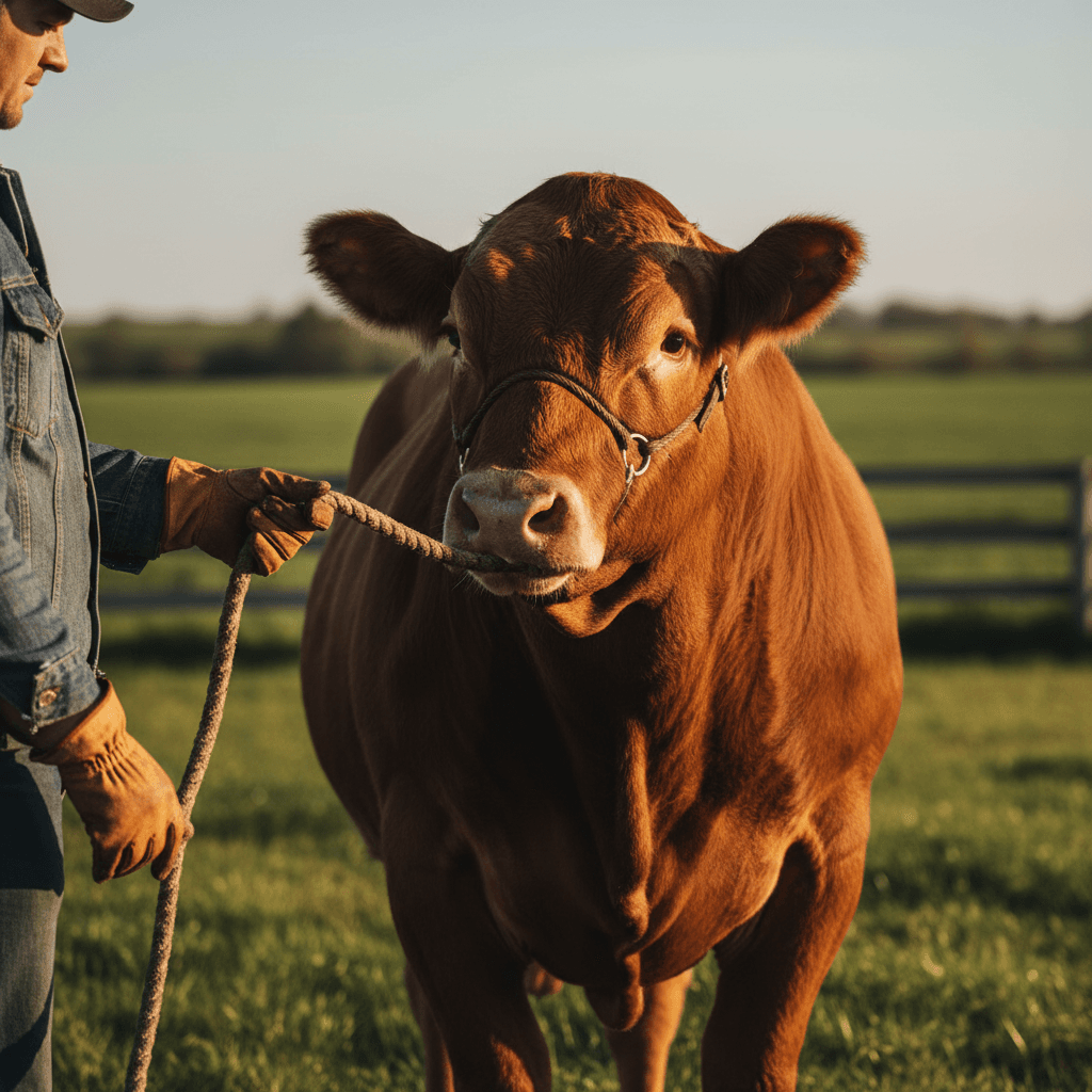 A cow in a barn with warm natural light looking at the camera on a ranch