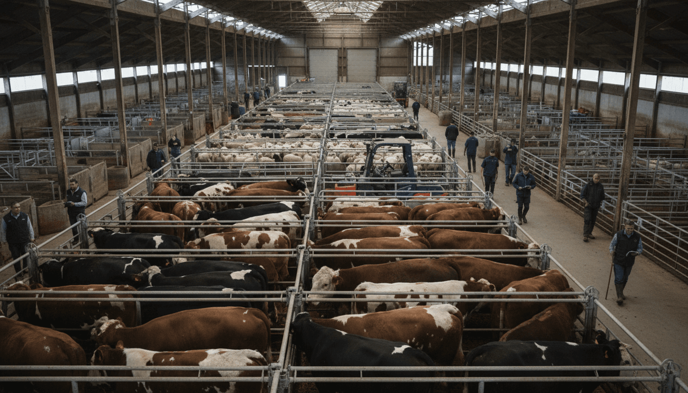 Cattle standing in an indoor show arena with sandy footing