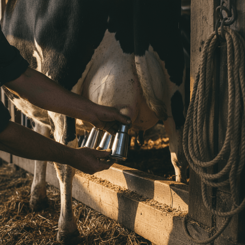 Cow in a barn stall after a long day